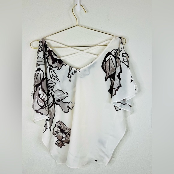Guess Women’s Small Floral Print Off-Shoulder Blouse White Criss-Cross Back Top - Picture 2 of 15